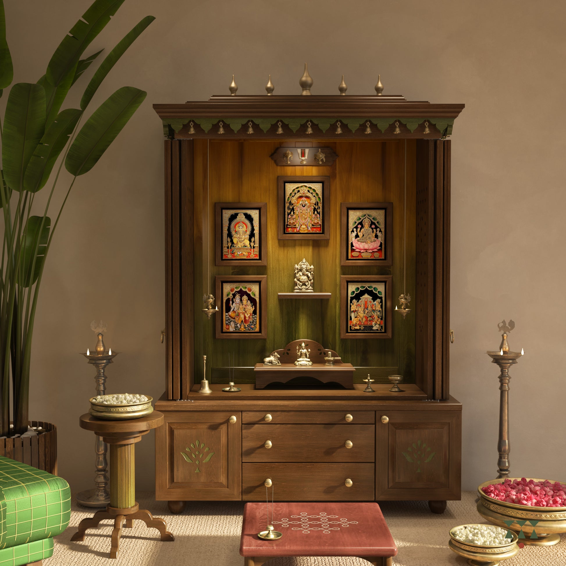 Wooden altar with decorative items in a room setting