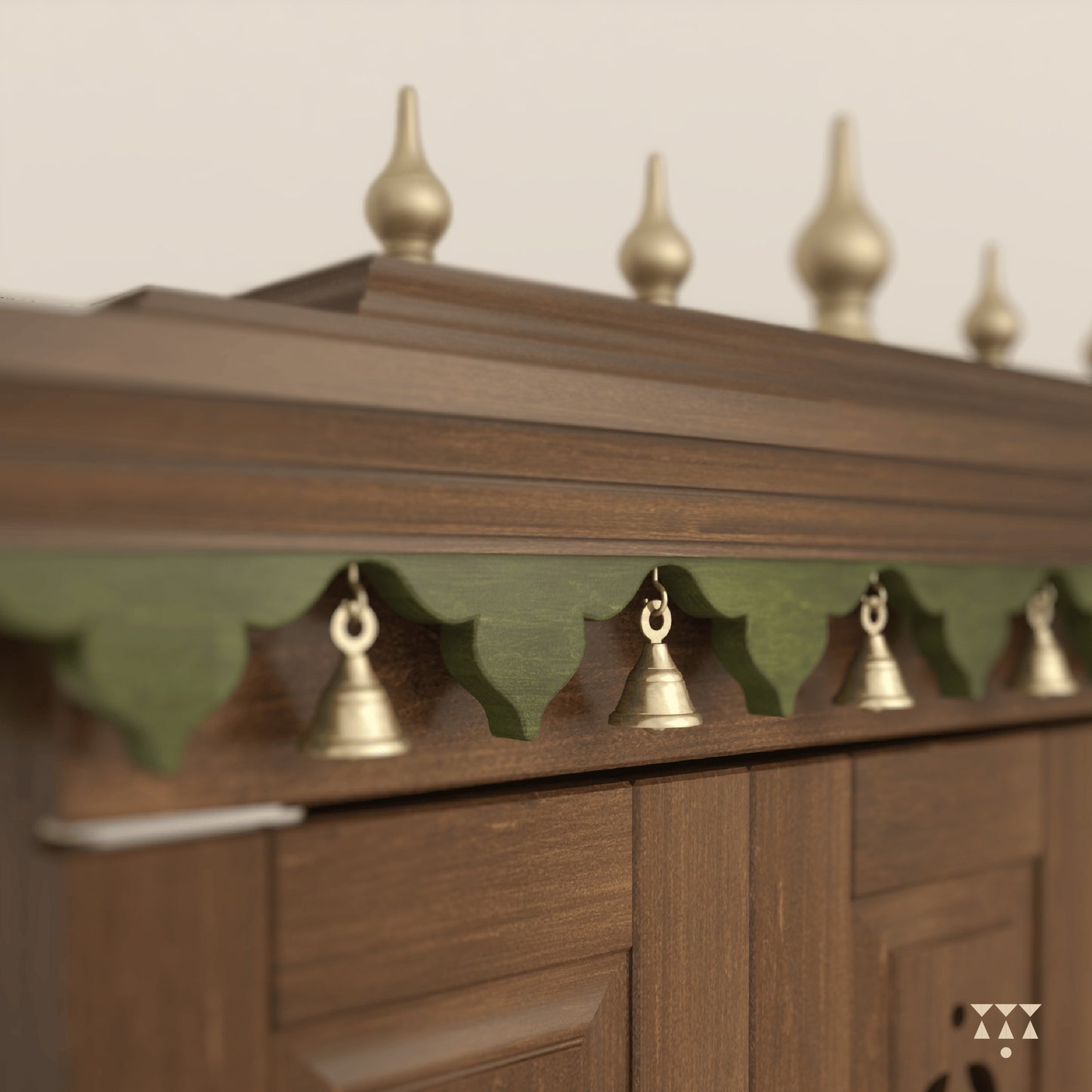 Wooden structure with brass bells on a beige background