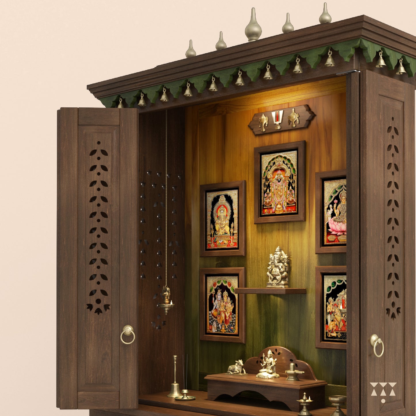 Wooden pooja room with religious icons and decorations on a beige background