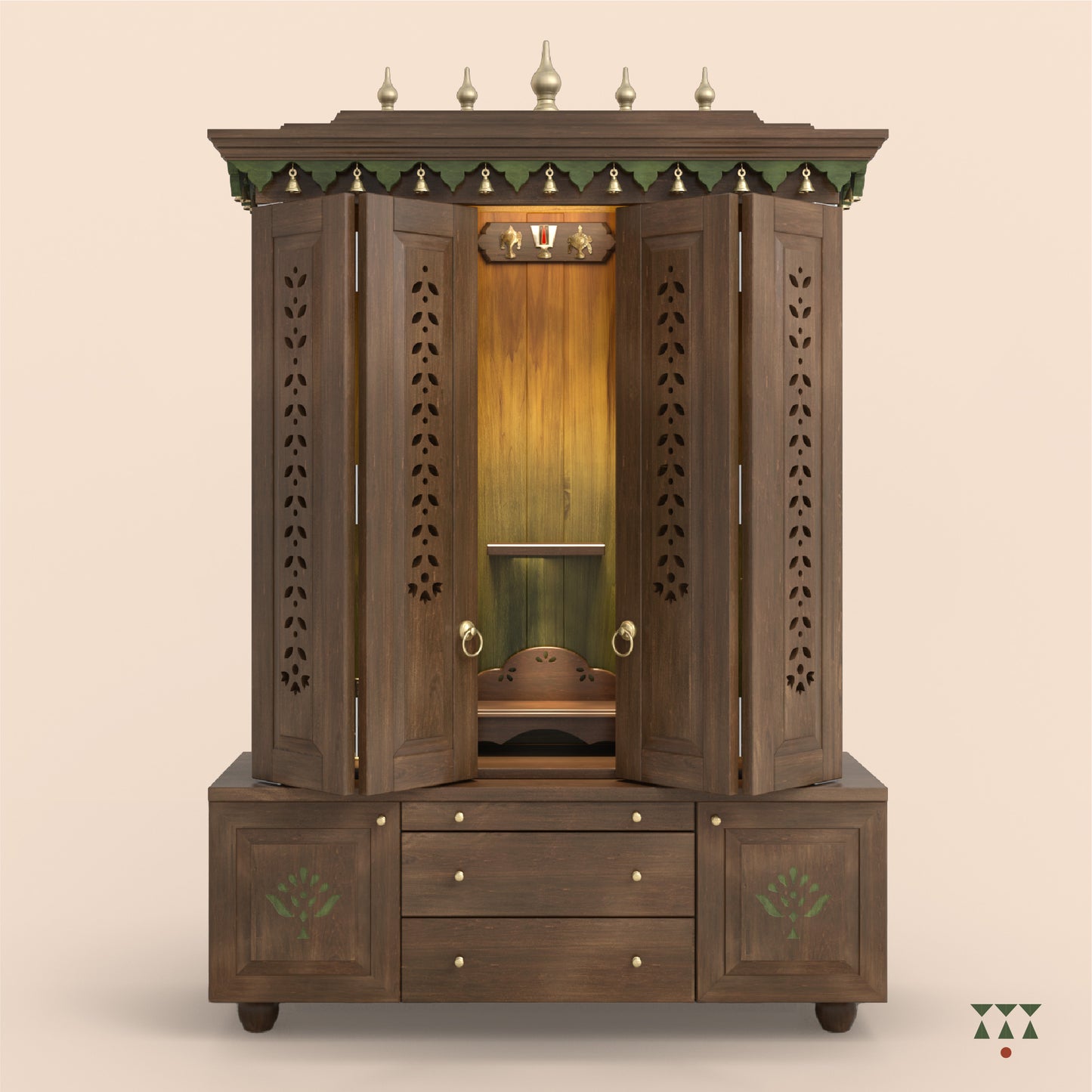 Wooden wardrobe with intricate designs on a beige background
