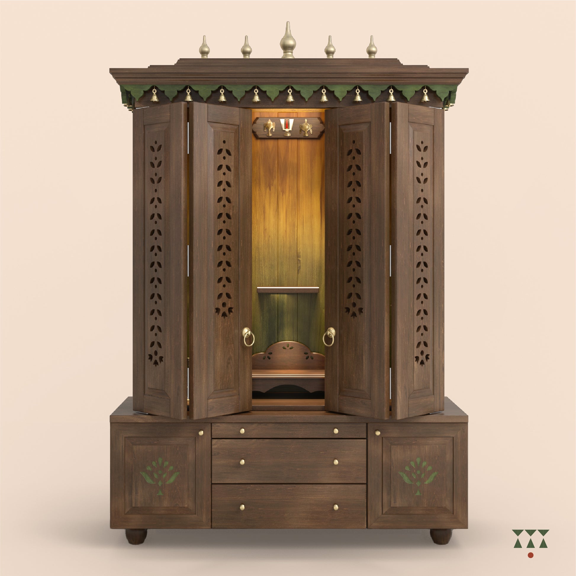 Wooden wardrobe with intricate designs on a beige background