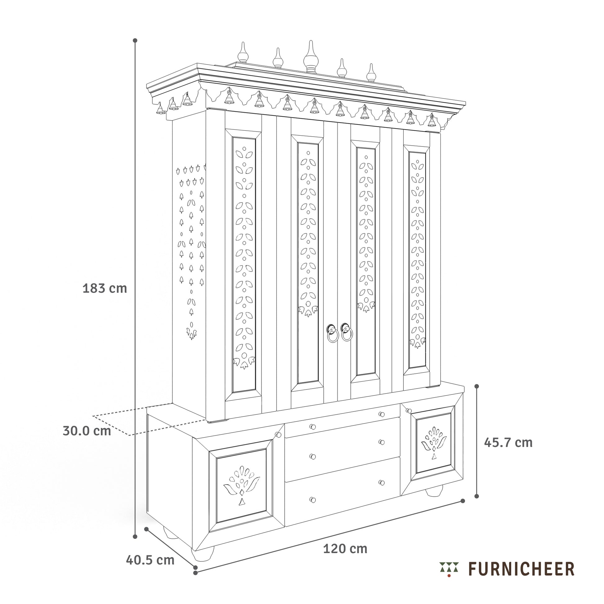 Line drawing of a decorative pooja mandir with dimensions labeled, branded 'Furnicheer'.
