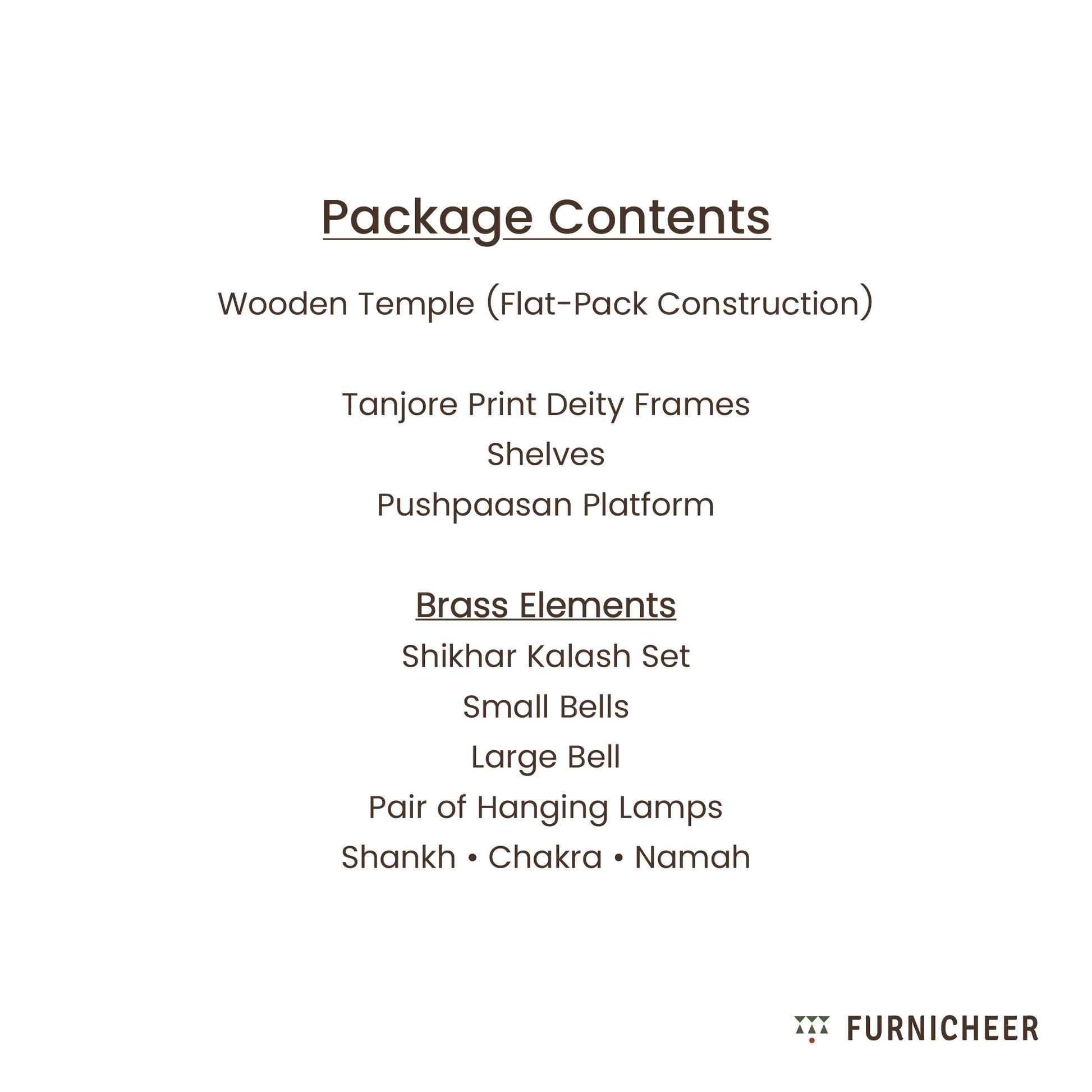 List of package contents for a wooden temple with Furnicheer branding.