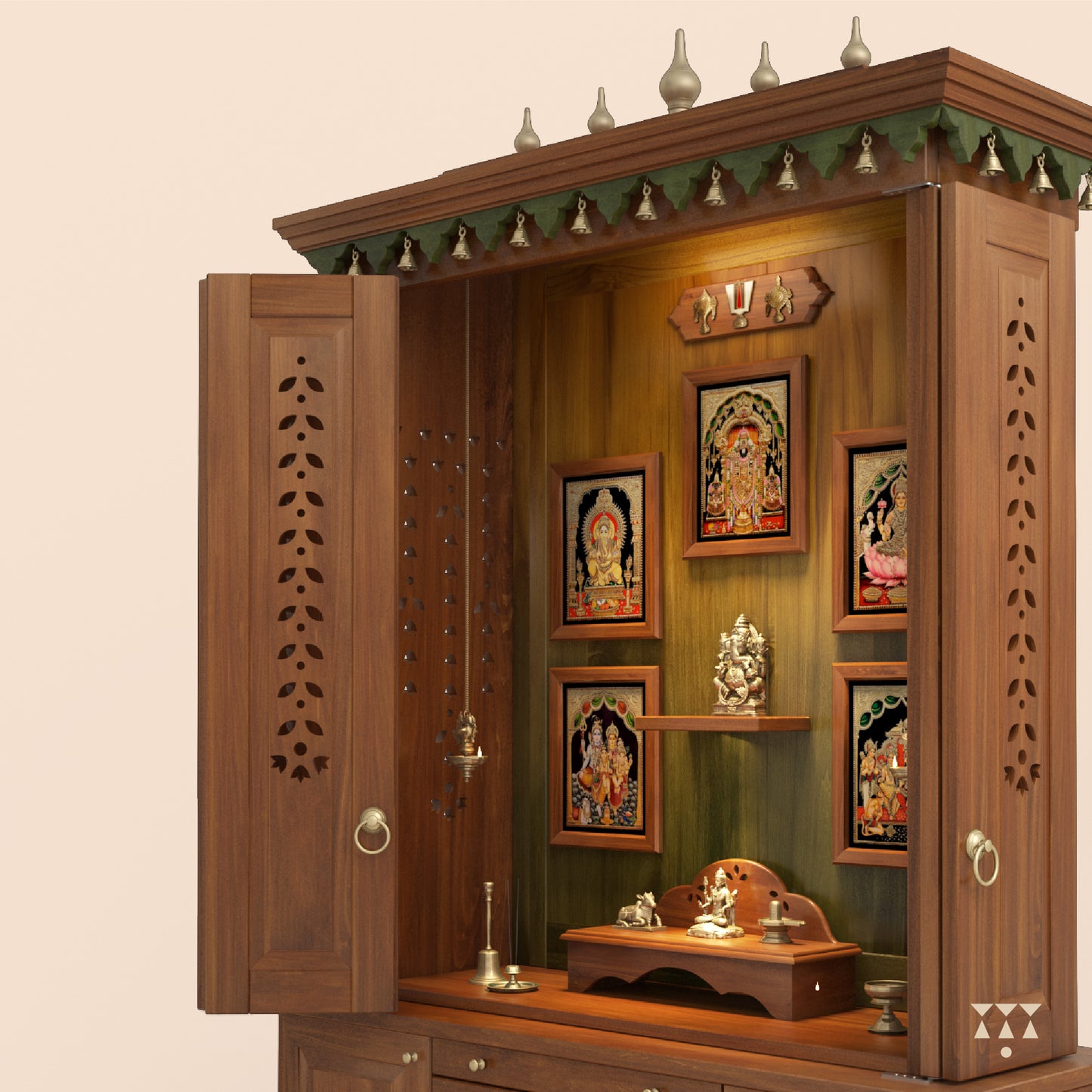 Wooden with religious icons and decorations on a beige background