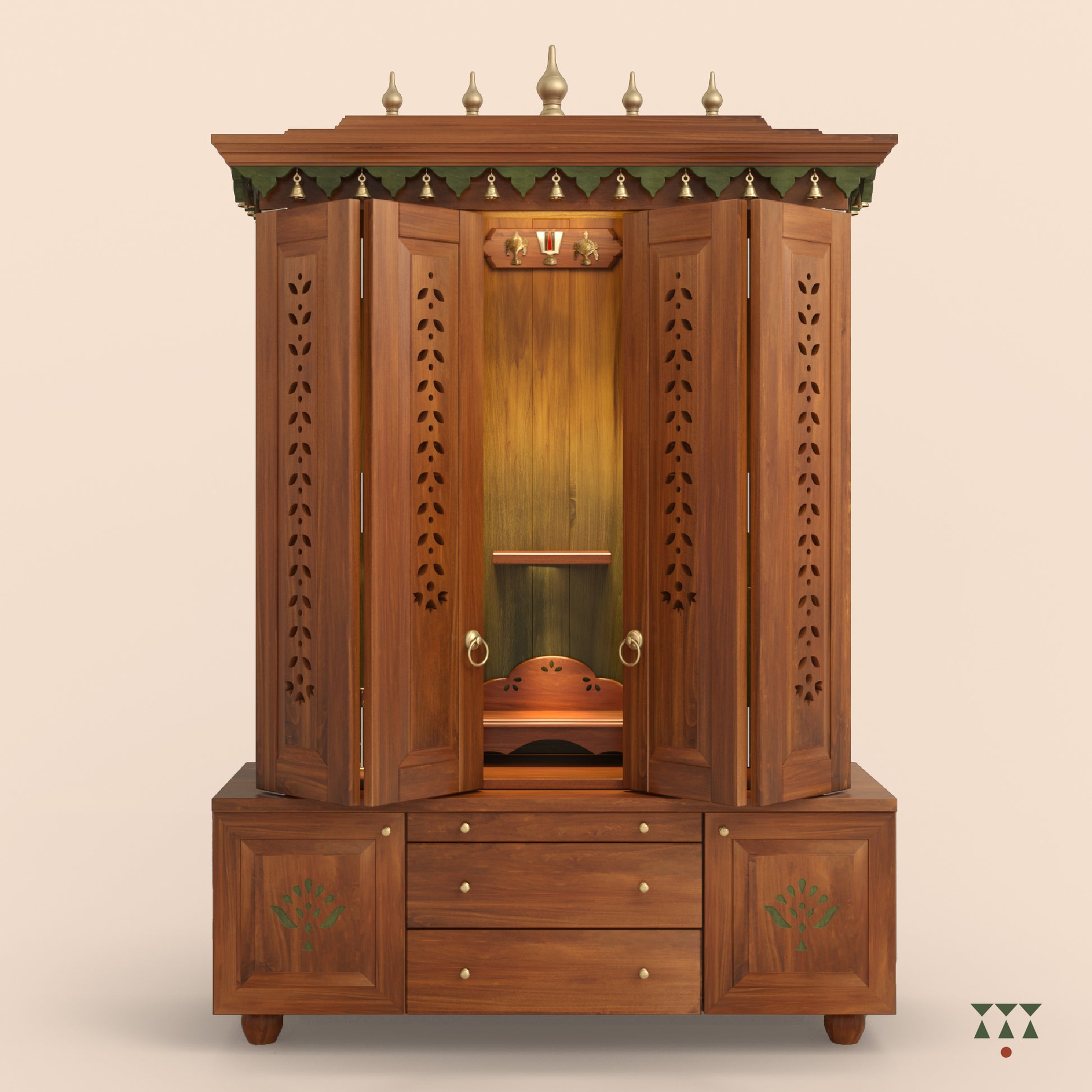 Wooden cabinet with intricate designs on a beige background