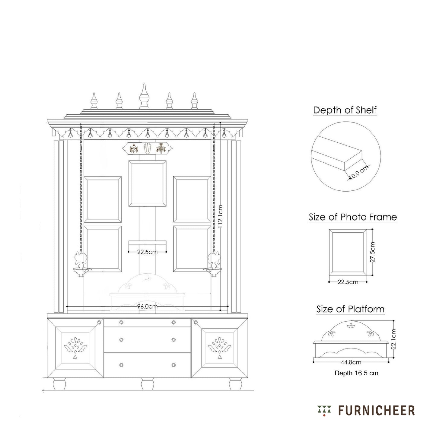 Technical drawing of a wooden cabinet with dimensions labeled, featuring the brand 'Furnicheer'.