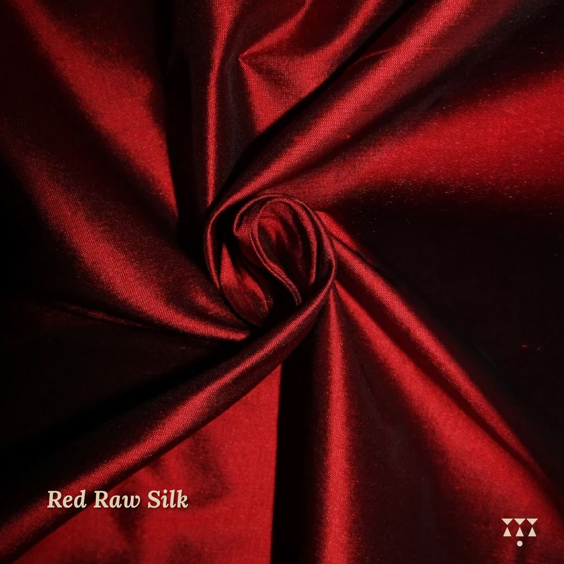 Red raw silk fabric with a knot, labeled 'Red Raw Silk'.