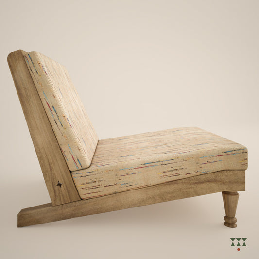 A solid wood lounge chair with a multicolored beige silk upholstery, tinted in sand brown