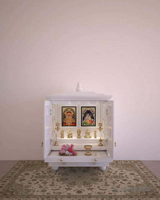 Solid Wood White Pooja Temple For Home