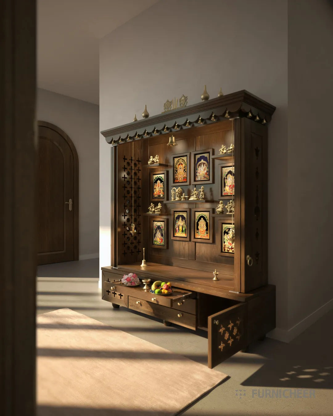 BHEEMA - Beautifully Crafted Free-Standing Puja Temple with Door, Tray, Storage and Pure Brass Accents