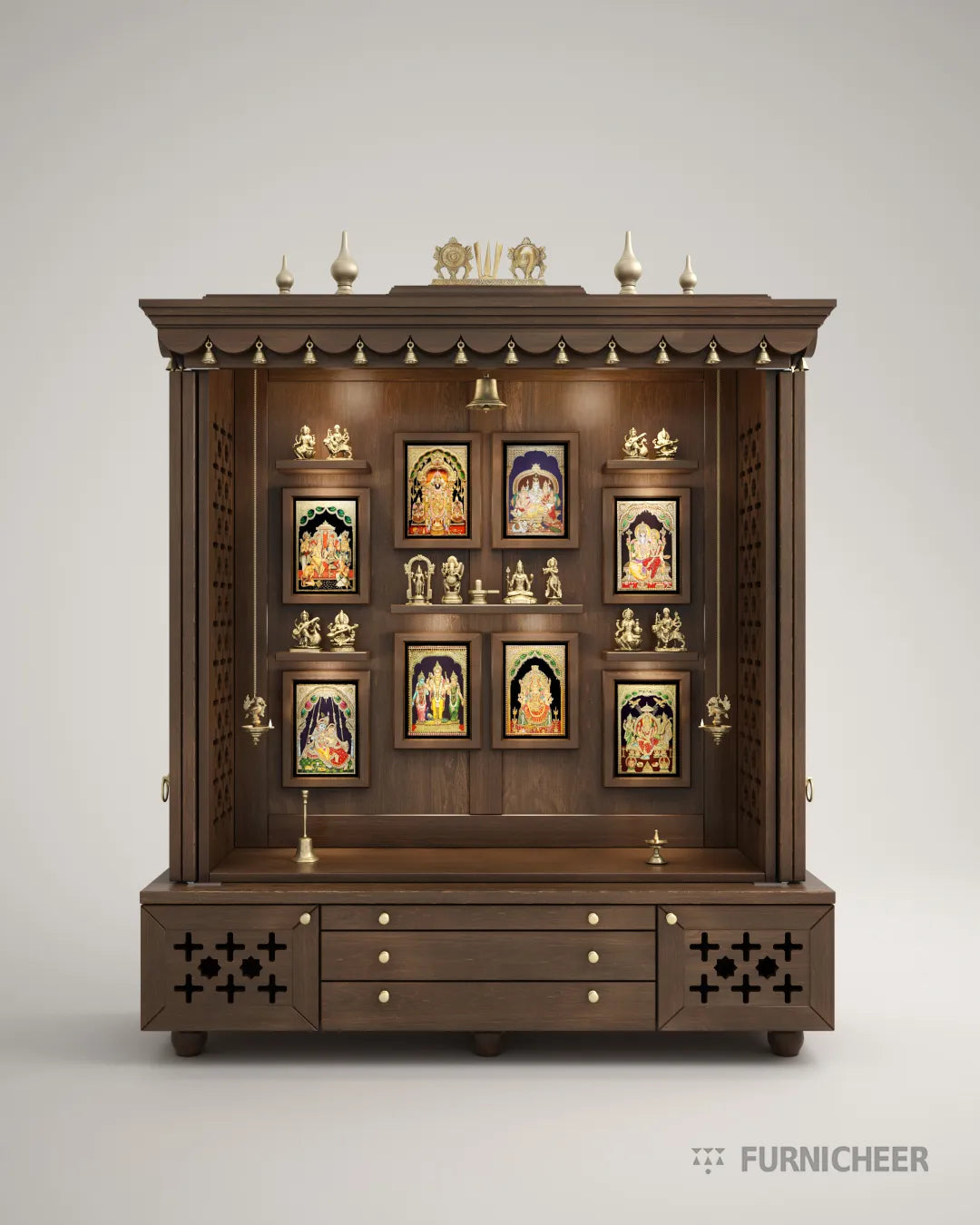 BHEEMA - Beautifully Crafted Free-Standing Puja Temple with Door, Tray, Storage and Pure Brass Accents