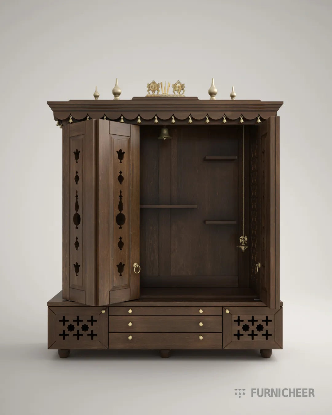 BHEEMA - Beautifully Crafted Free-Standing Puja Temple with Door, Tray, Storage and Pure Brass Accents