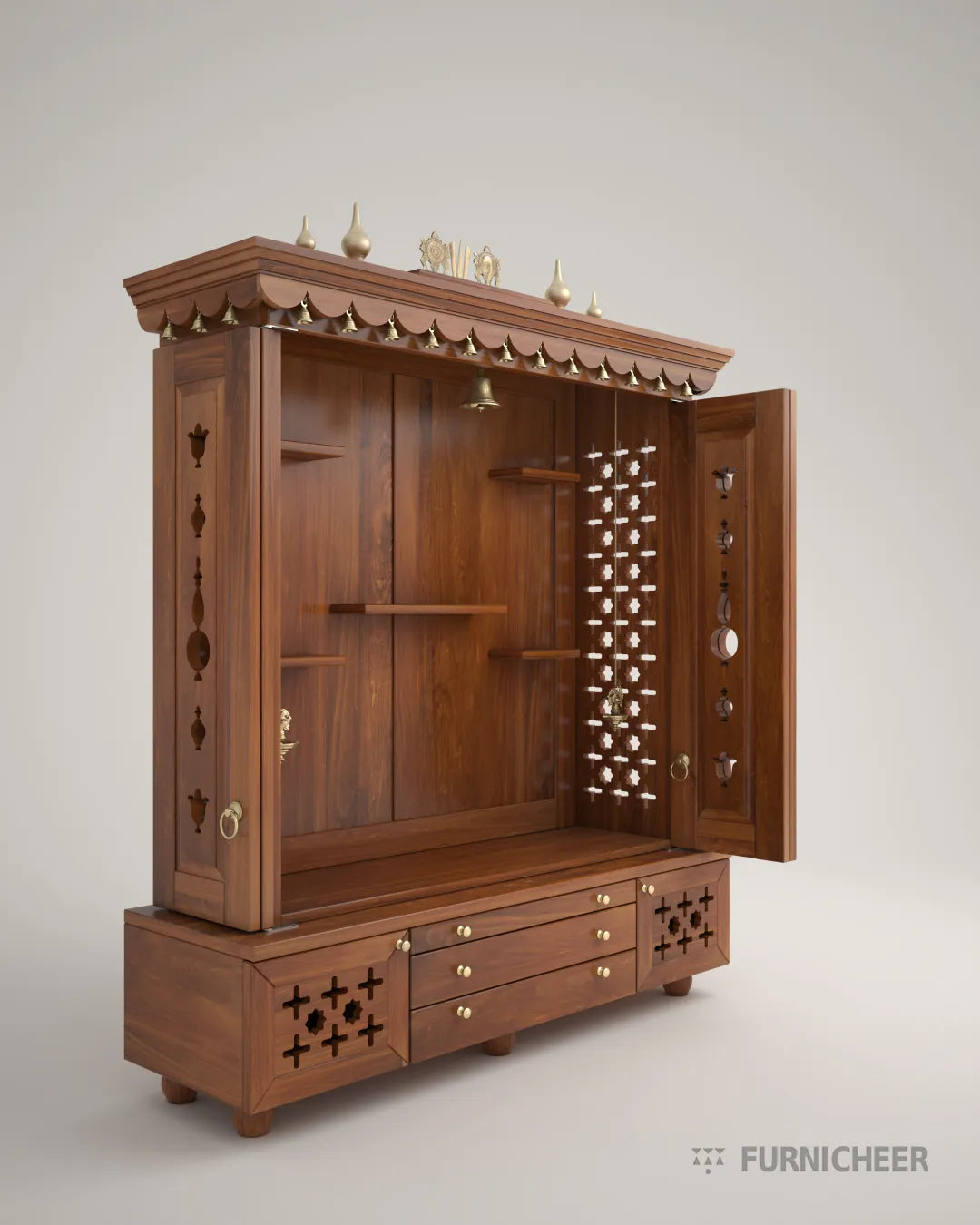 BHEEMA - Beautifully Crafted Free-Standing Puja Temple with Door, Tray, Storage and Pure Brass Accents