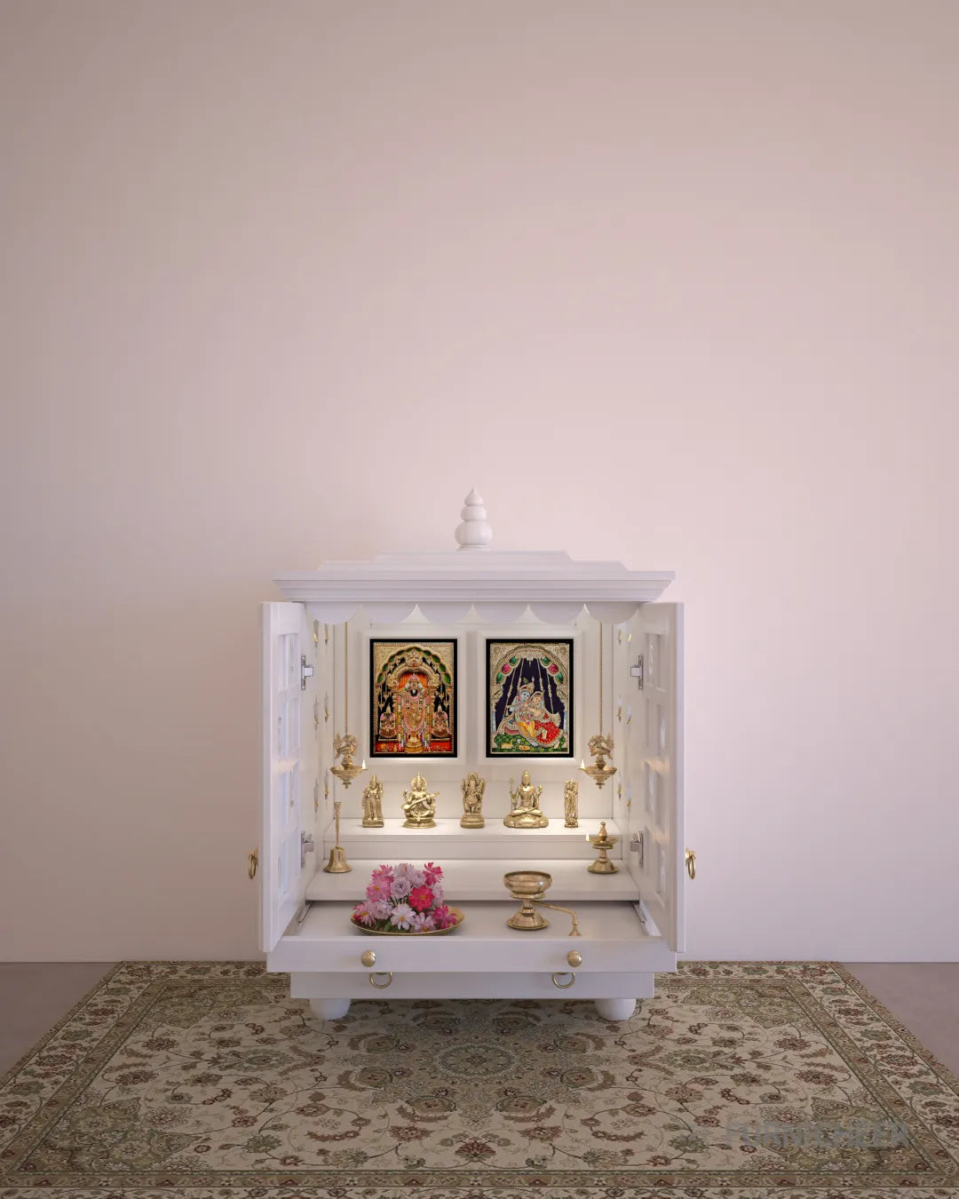 Shweta - Solid Wood White Pooja Mandir For Home With Door With A Slide-out Tray With Drawer And Enhanced With Pure Brass Knobs & Bells