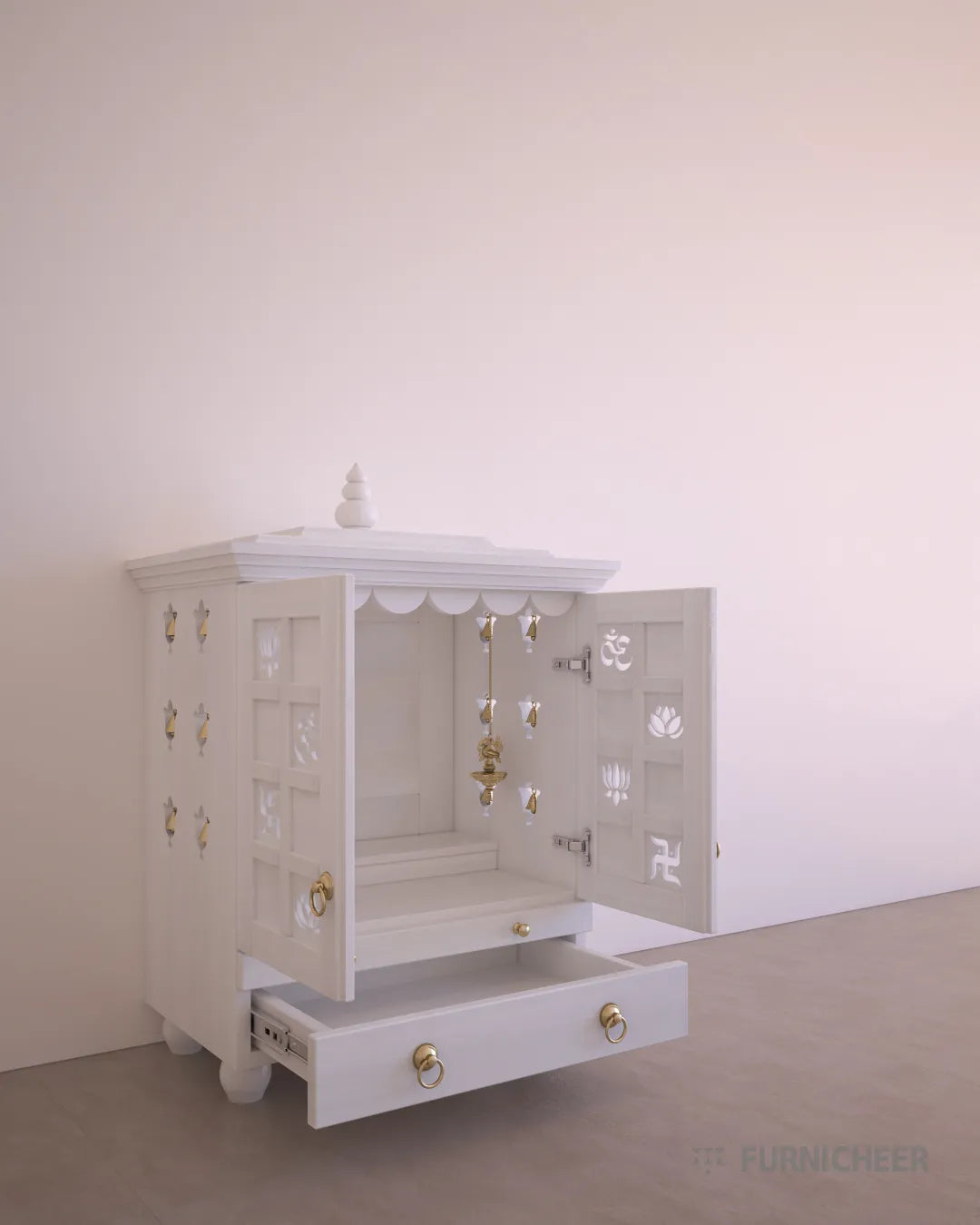 Shweta - Solid Wood White Pooja Mandir For Home With Door With A Slide-out Tray With Drawer And Enhanced With Pure Brass Knobs & Bells