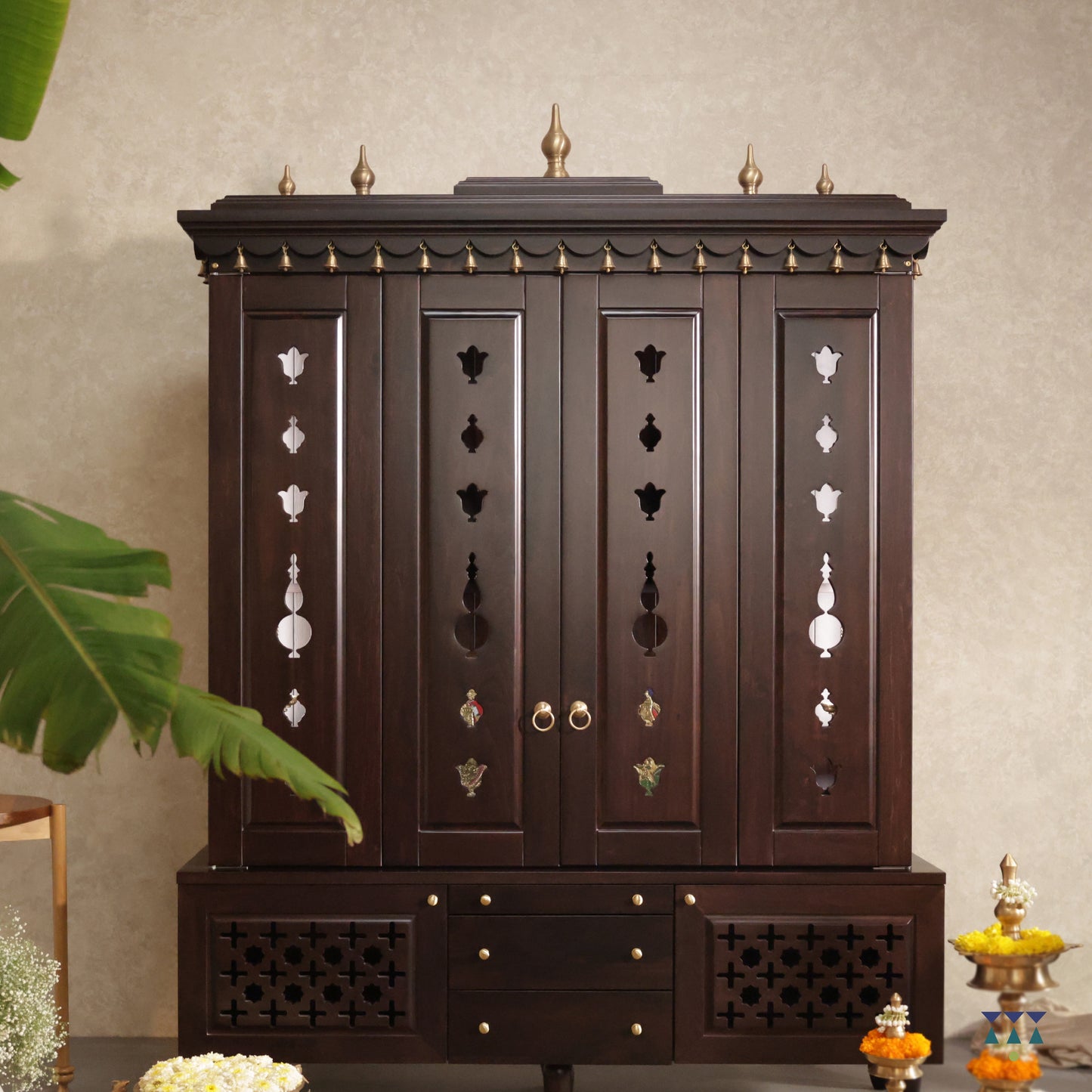 The Sacred Space - Puja room with traditional temple & accent furniture | Handcrafted Solidwood Pooja mandir | Indian Prayer temple for home