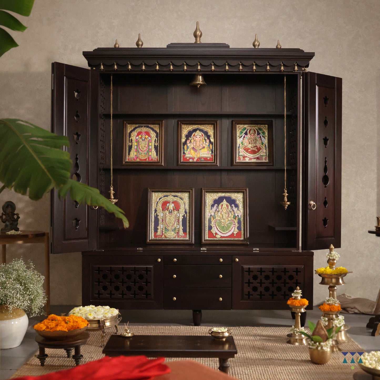 The Sacred Space - Puja room with traditional temple & accent furniture | Handcrafted Solidwood Pooja mandir | Indian Prayer temple for home