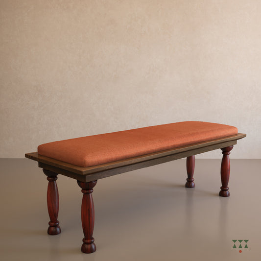 Rust silk upholstered solid wood bench as part of the pooja room set