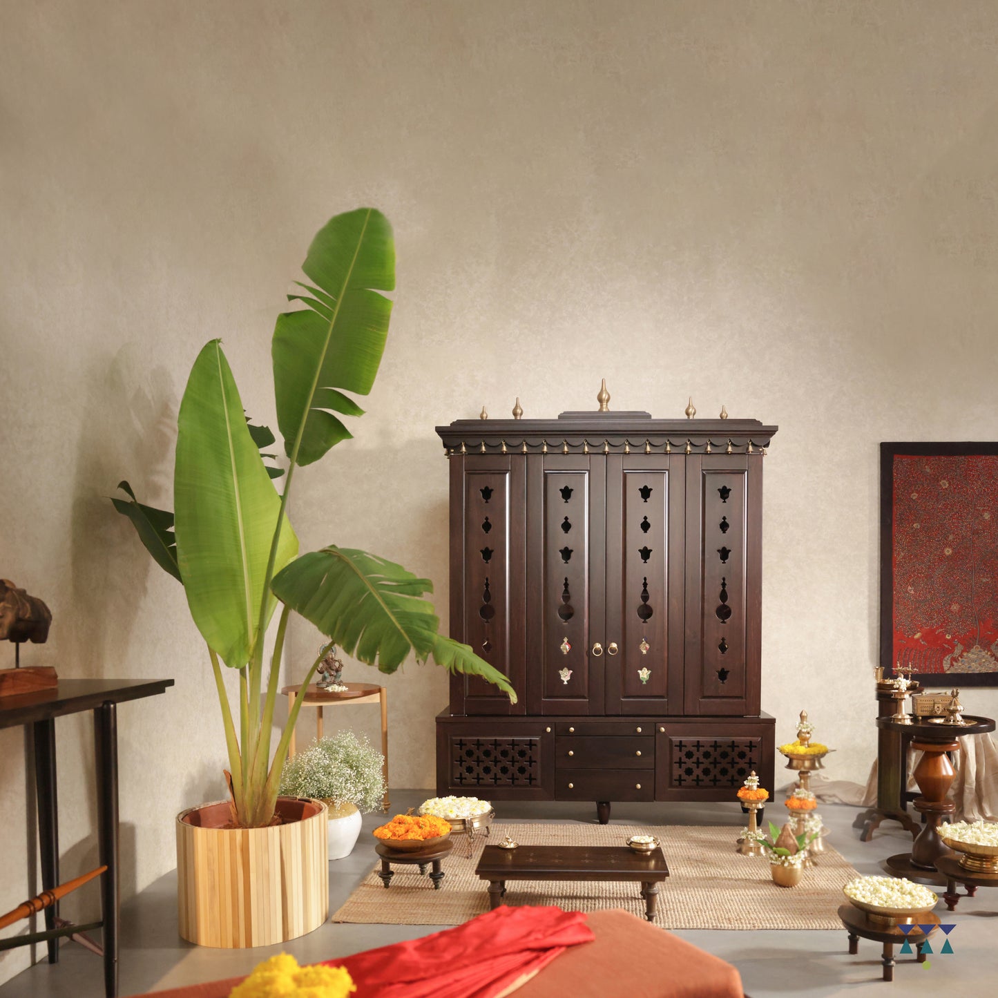 The Sacred Space - Puja room with traditional temple & accent furniture | Handcrafted Solidwood Pooja mandir | Indian Prayer temple for home