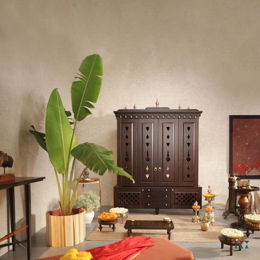 The Sacred Space - Puja room with traditional temple & accent furniture | Handcrafted Solidwood Pooja mandir | Indian Prayer temple for home