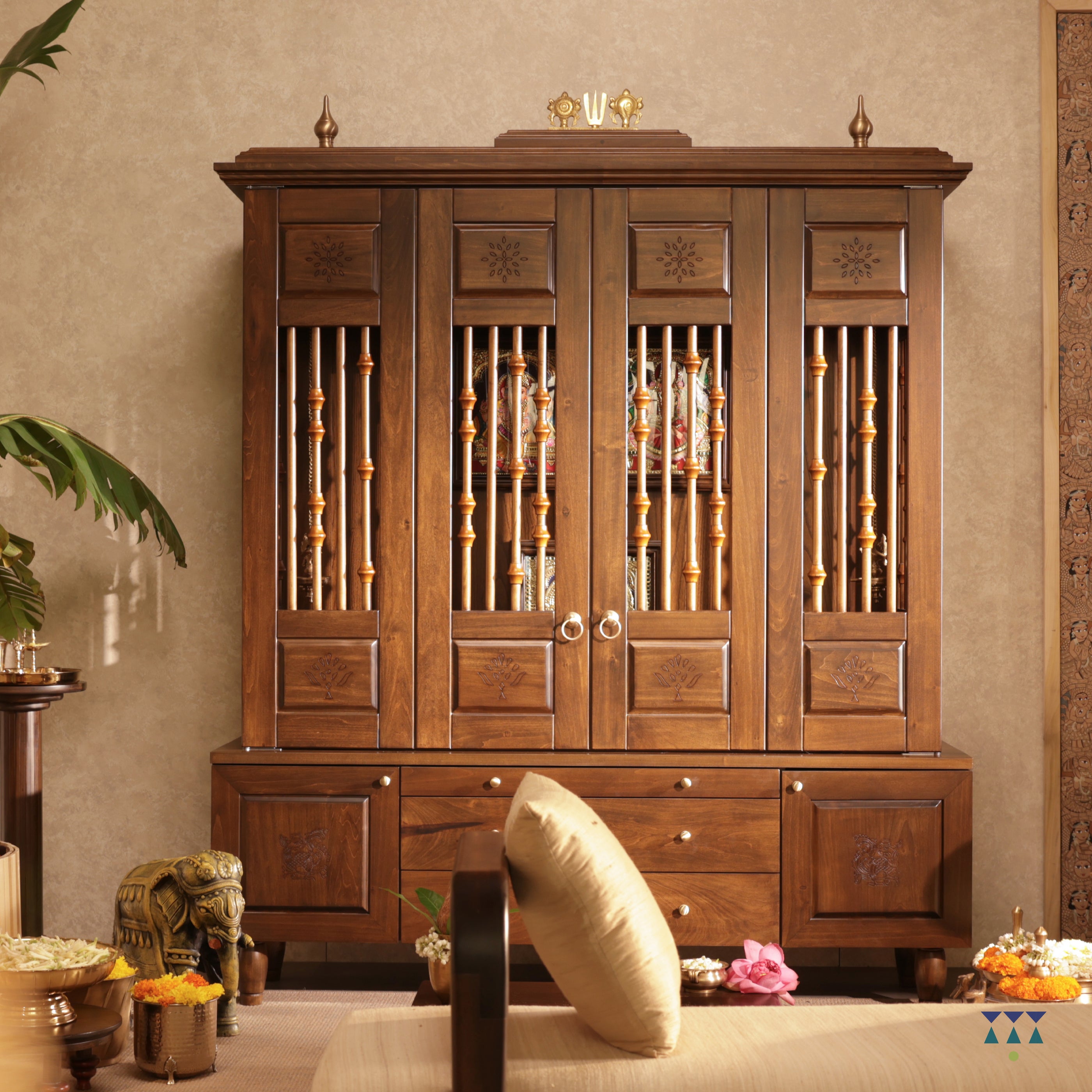The Soul Nook - Pooja room with traditional mandap and accent furniture | Handcrafted Solidwood Puja mandir | Indian Prayer temple for home