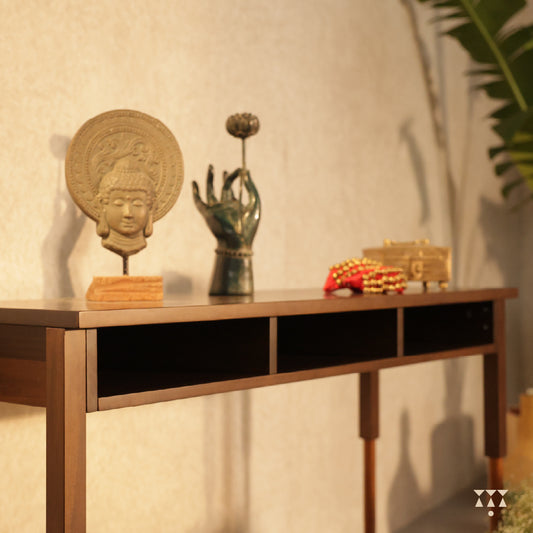 A console table with clean lines and storage tinted in Mocha Brown with a Mustard Yellow accent as part of the pooja room set