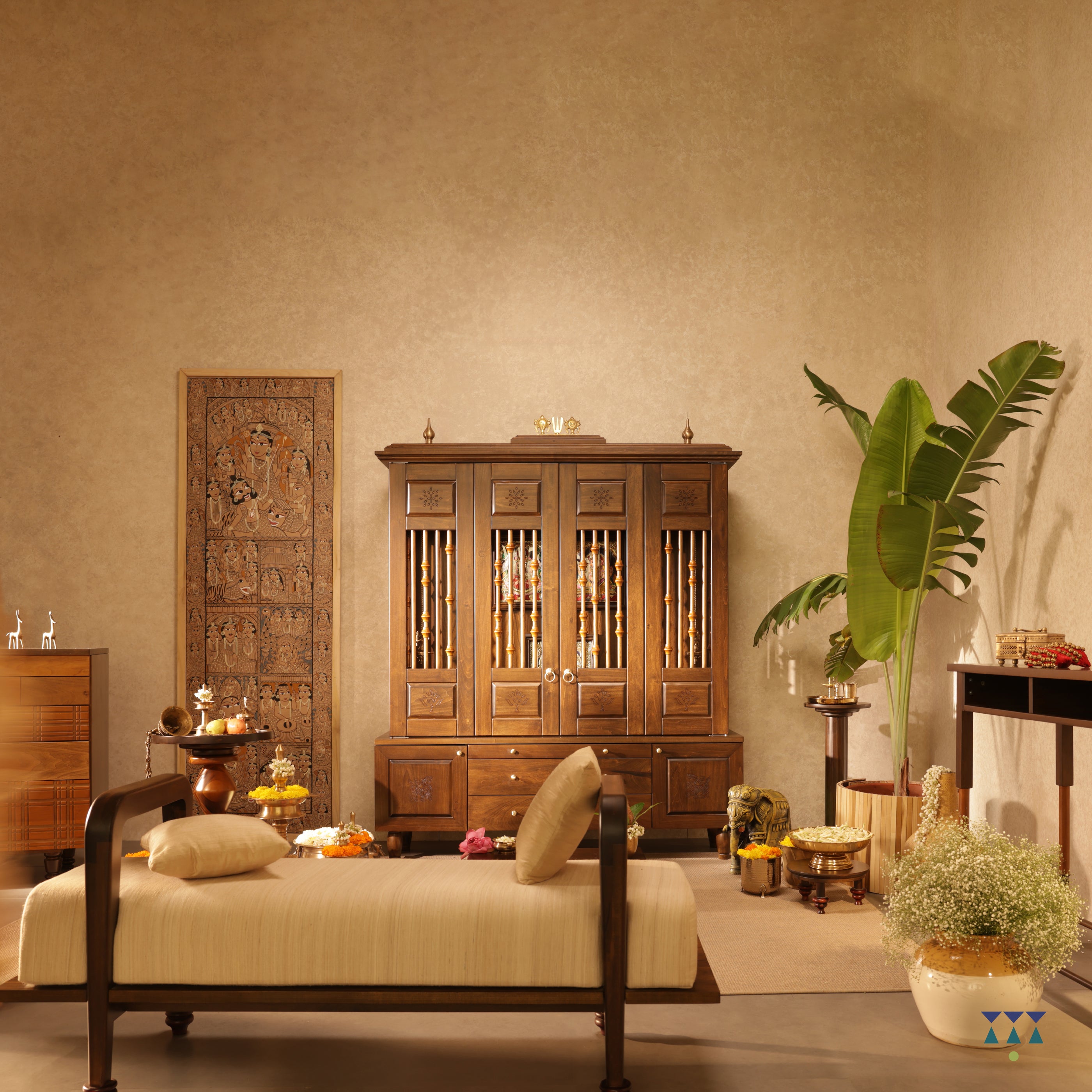 The Soul Nook - Pooja room with traditional mandap and accent furniture | Handcrafted Solidwood Puja mandir | Indian Prayer temple for home