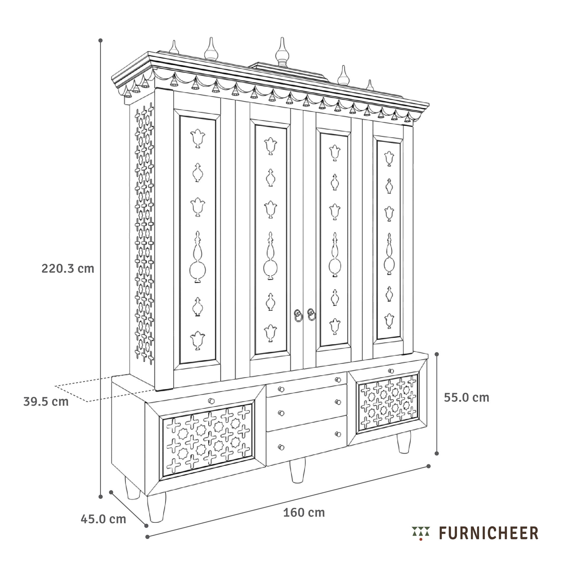 Line drawing of a decorative cabinet with dimensions labeled, branded 'Furnicheer'.