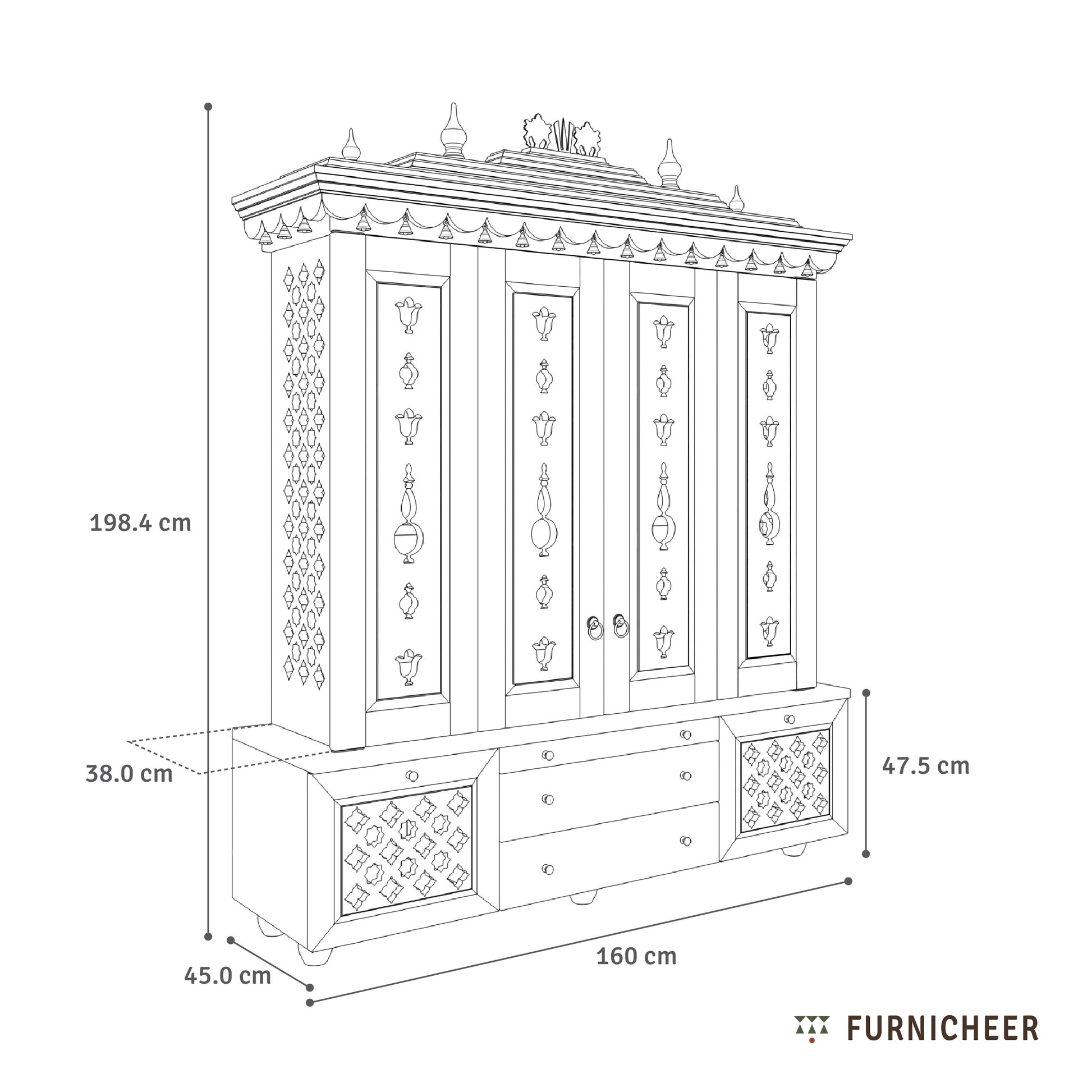 Line drawing of a decorative cabinet with dimensions labeled, featuring the brand 'Furnicheer'.