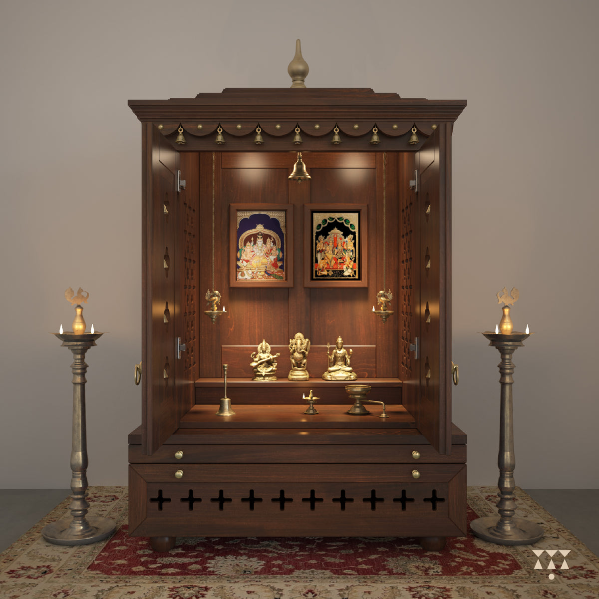 A wooden mandir with doors, pure brass elements, framed art prints, cutwork designs and storage, tinted in tamarind brown