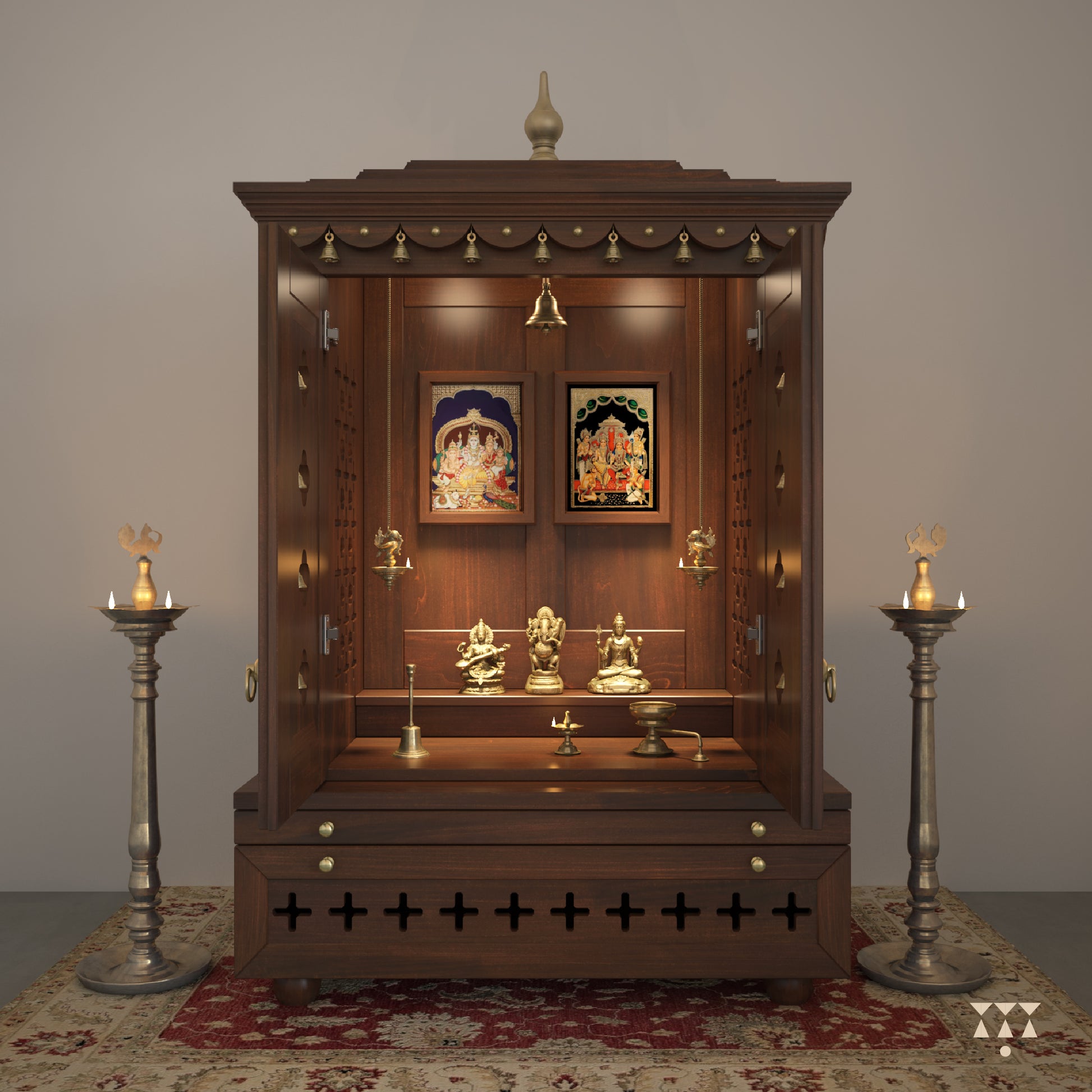 A wooden mandir with doors, pure brass elements, framed art prints, cutwork designs and storage, tinted in tamarind brown