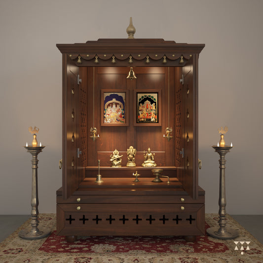 A wooden mandir with doors, pure brass elements, framed art prints, cutwork designs and storage, tinted in tamarind brown