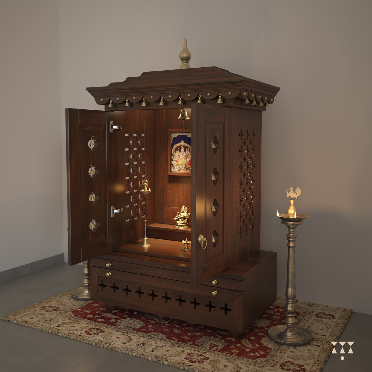 A wooden mandir with doors, pure brass elements, framed art prints, cutwork designs and storage, tinted in tamarind brown