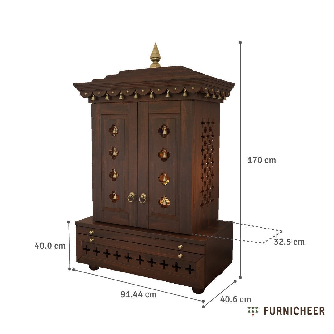 Wooden cabinet with gold accents and dimensions labeled, featuring the brand 'Furnicheer'.