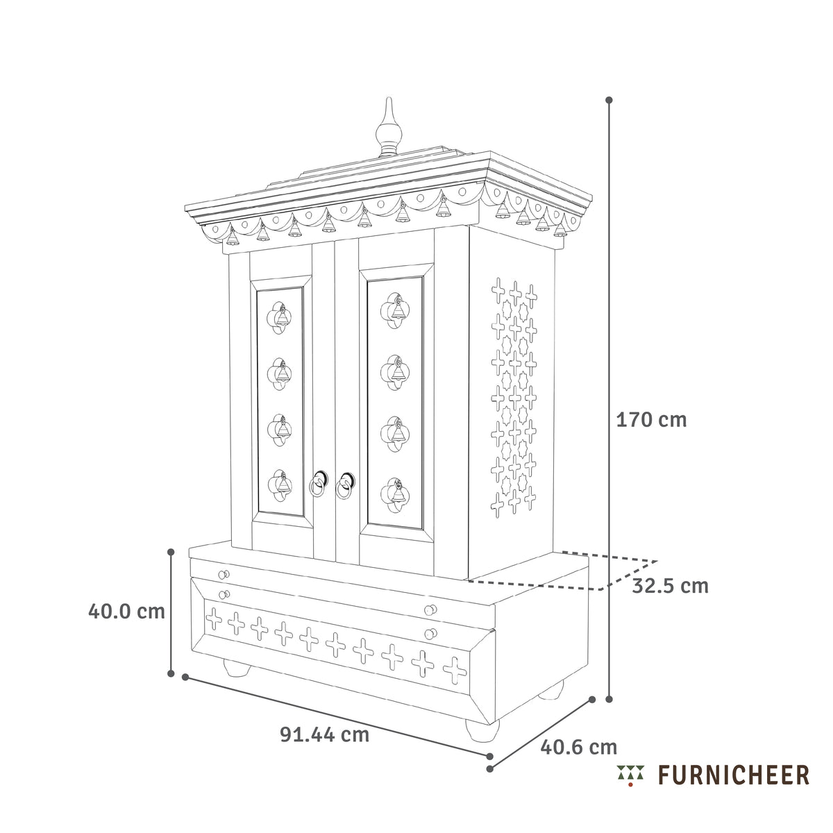 Wooden cabinet with gold accents and dimensions labeled, featuring the brand 'Furnicheer'.