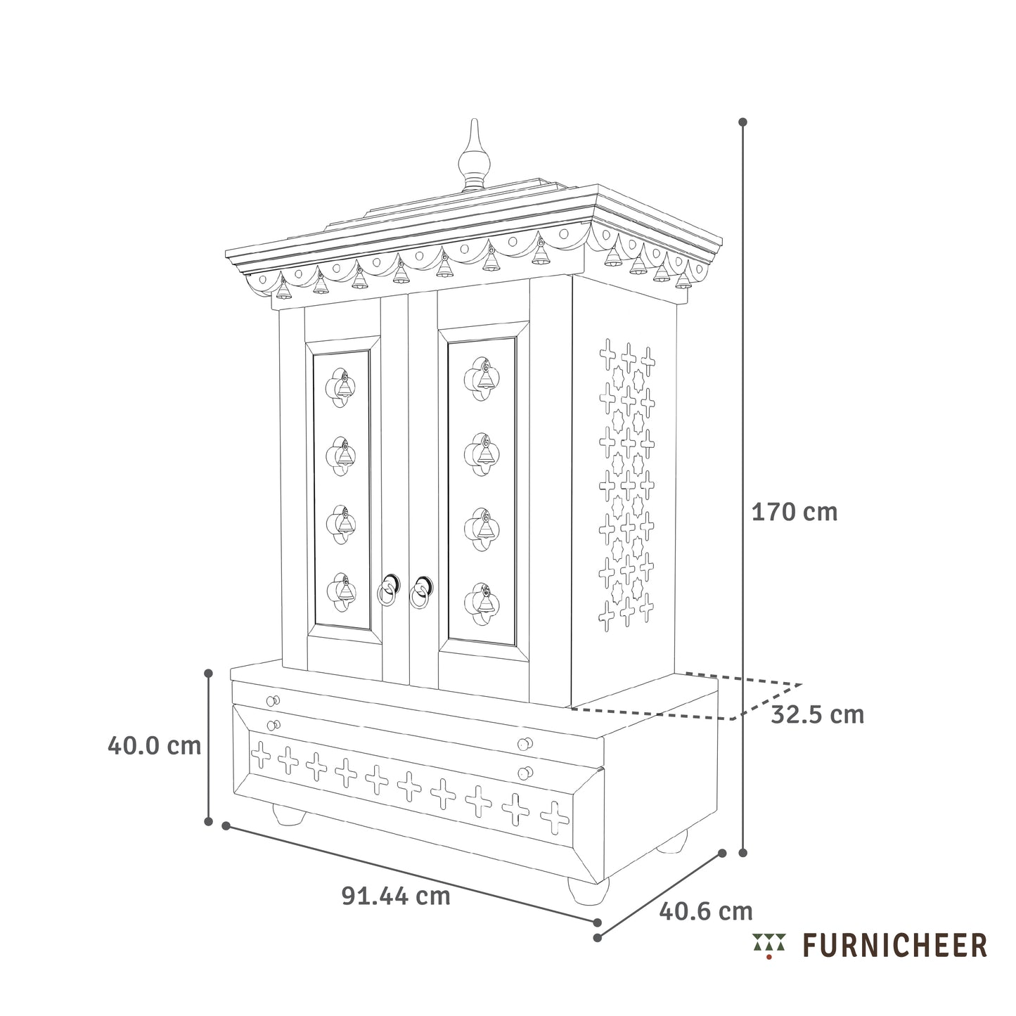 Wooden cabinet with gold accents and dimensions labeled, featuring the brand 'Furnicheer'.
