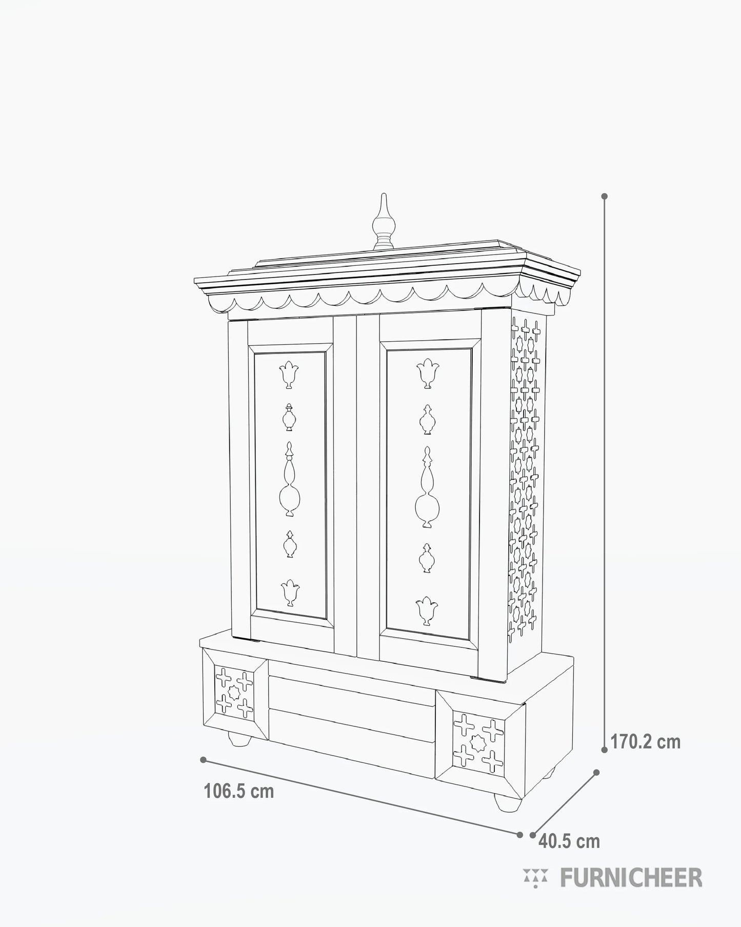 Wooden Floor Standing Pooja Temple Size Diagram