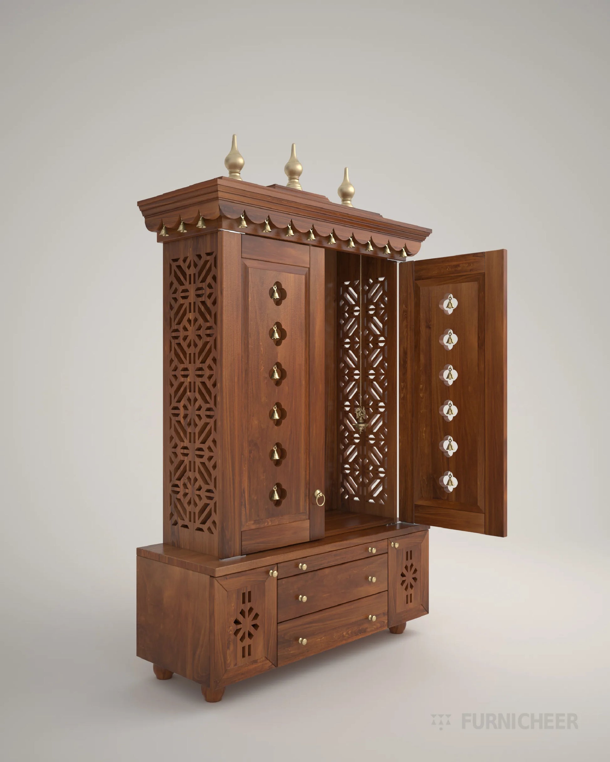 Traditional solid wood mandir with gold accents