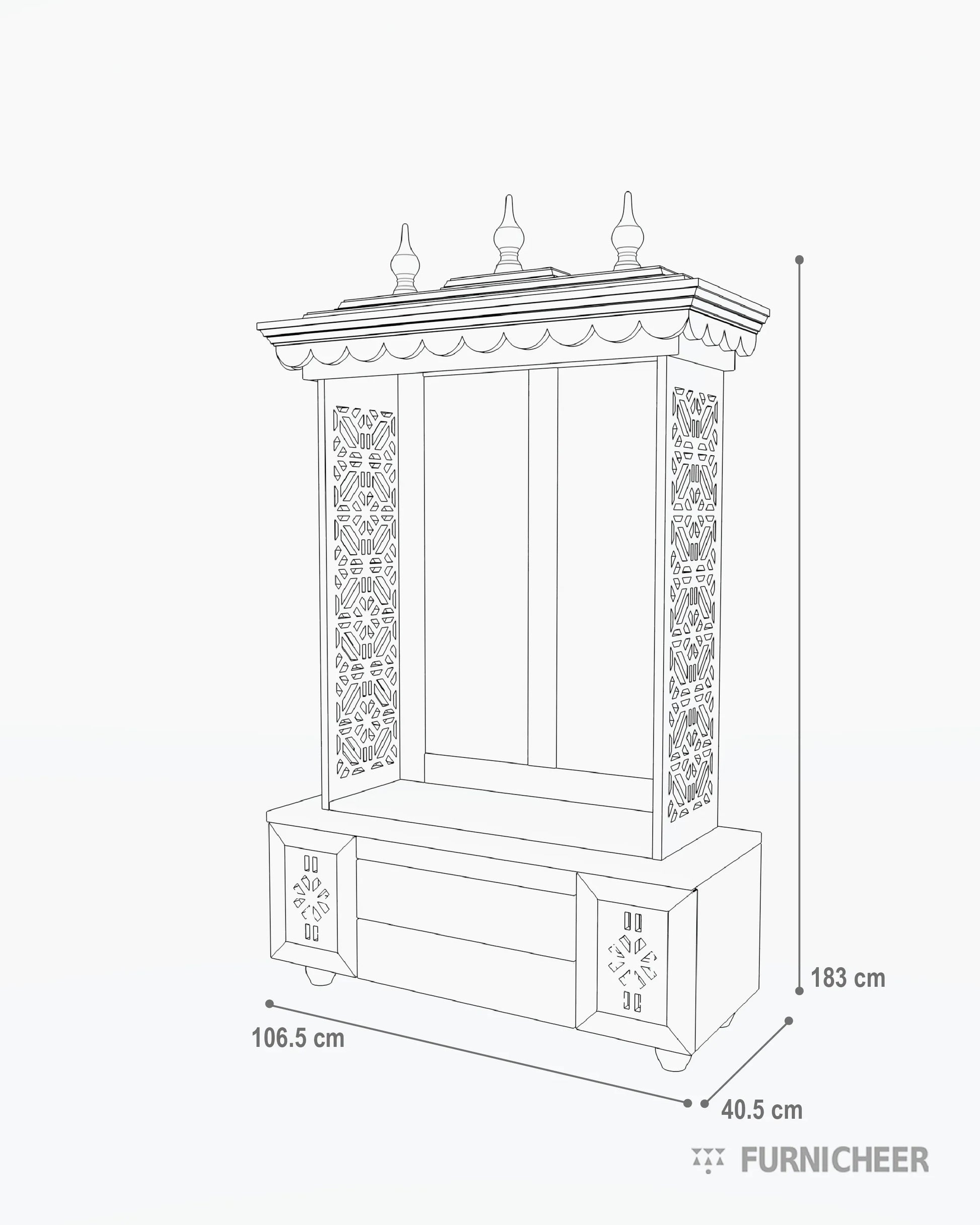 PU Finish Brown Wooden Pooja Mandir size diagram