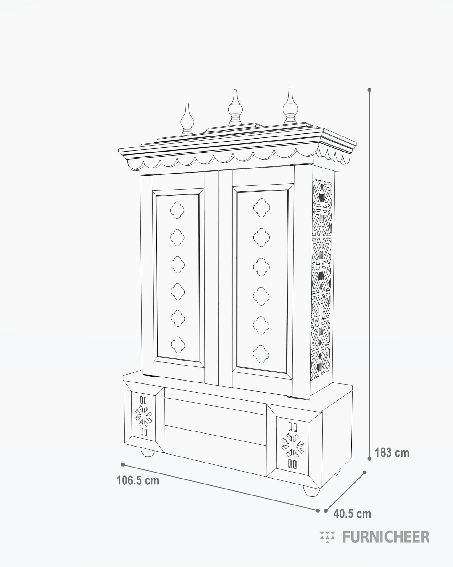 Indian Style Temple with Storage Size Diagram