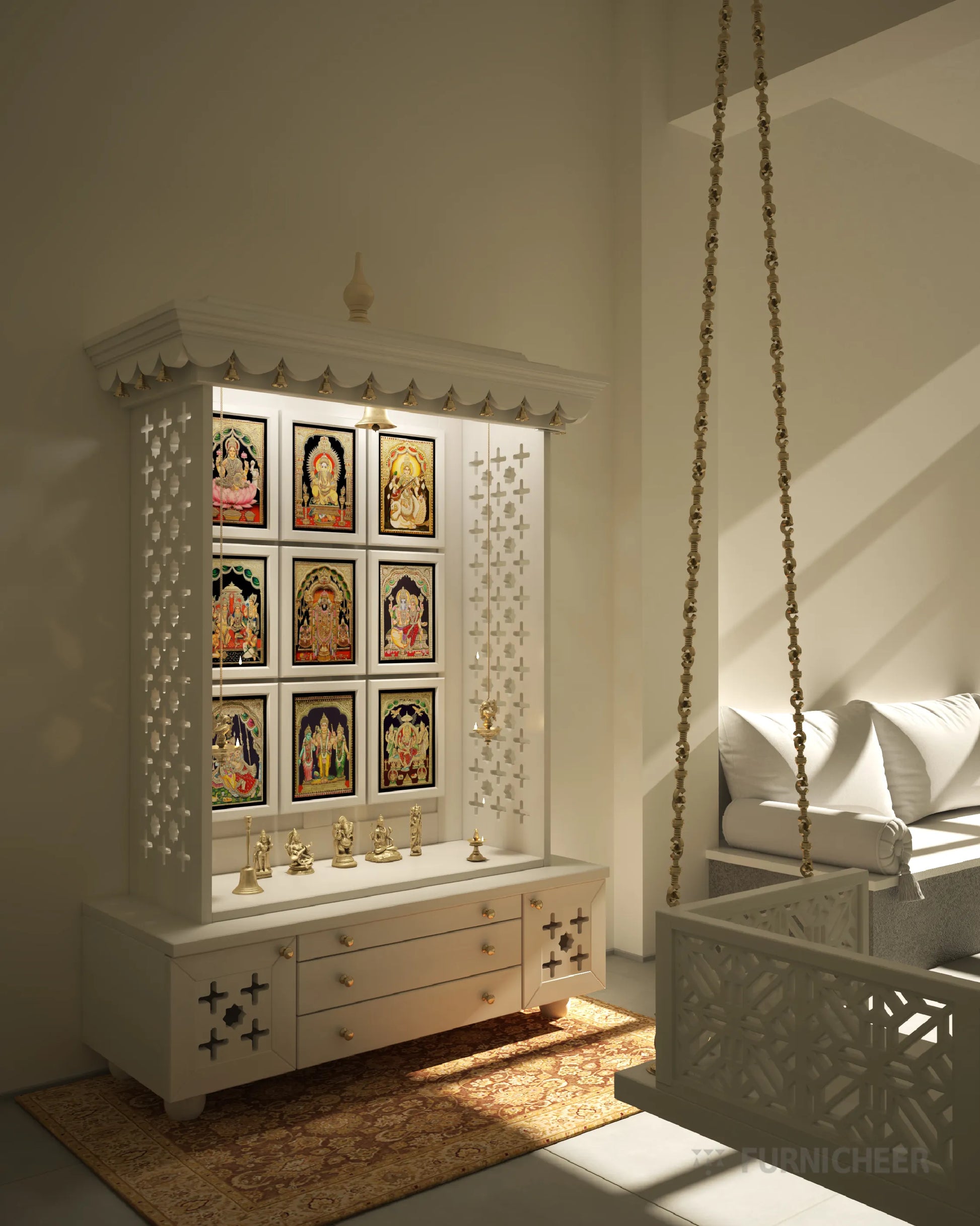 Wooden Traditional Design Temple with Accents in White PU Finish