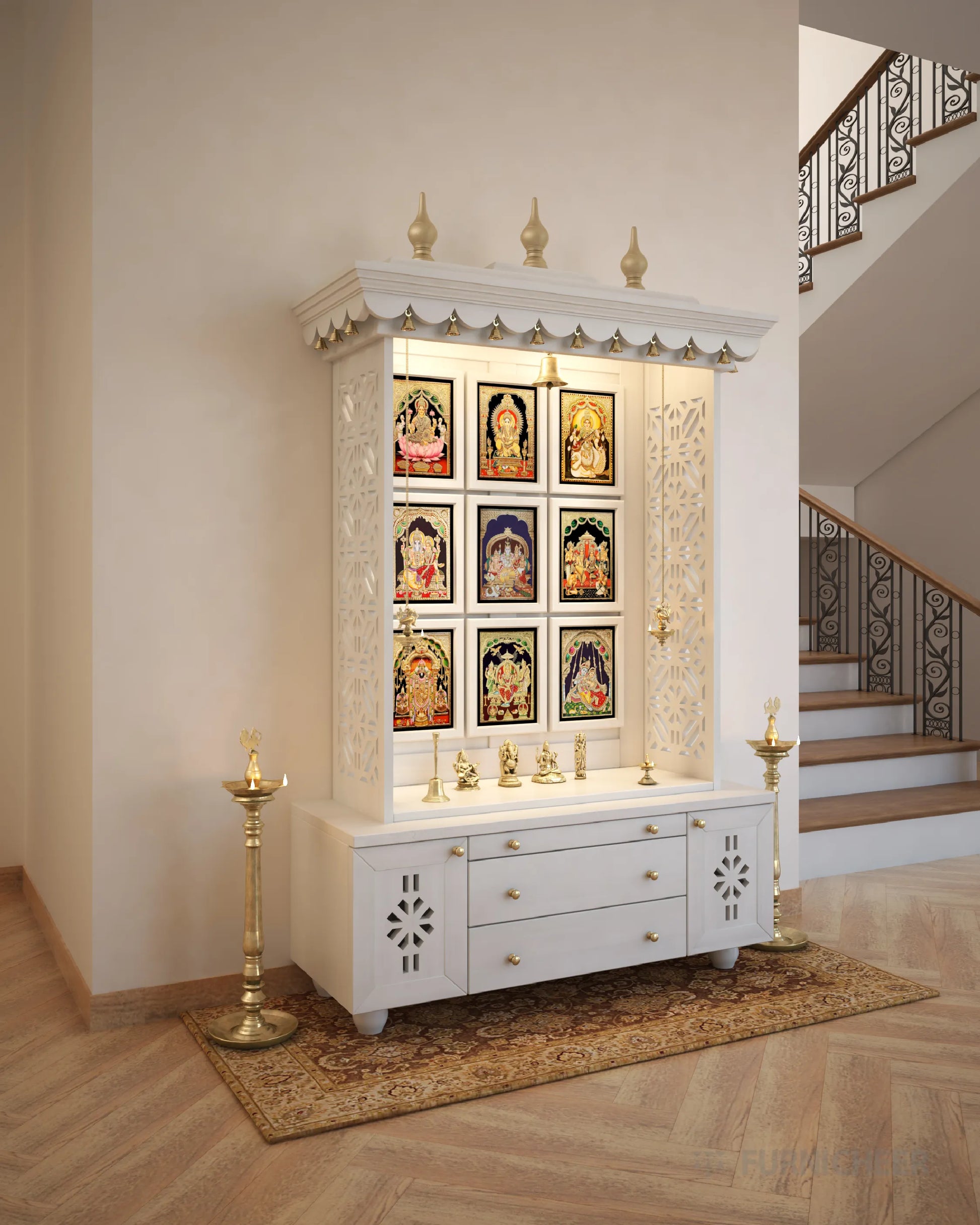 Free Standing Wooden Mandir with Drawer for Puja 