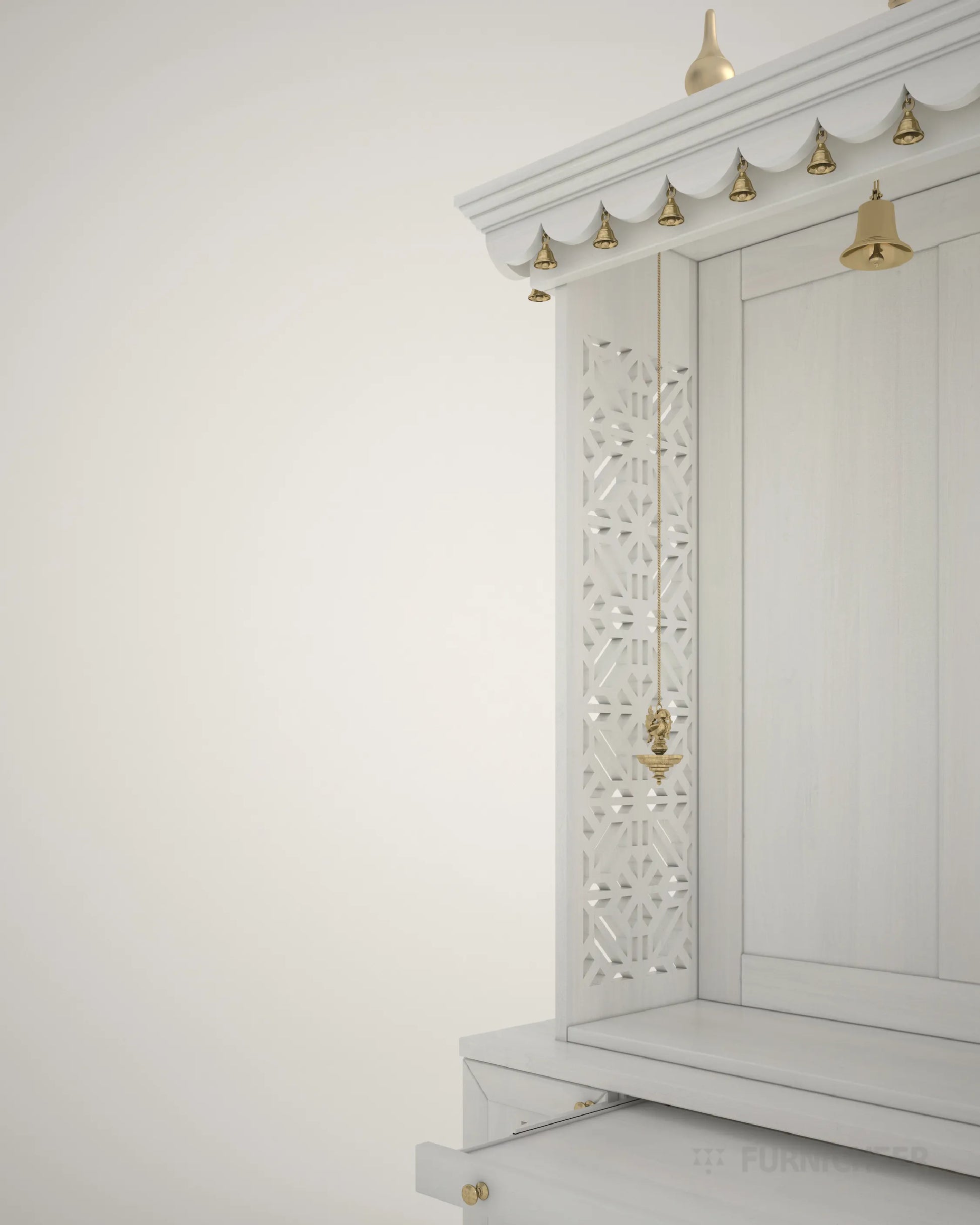 White PU Finish Solid Wood Mandir with Drawer for Puja 