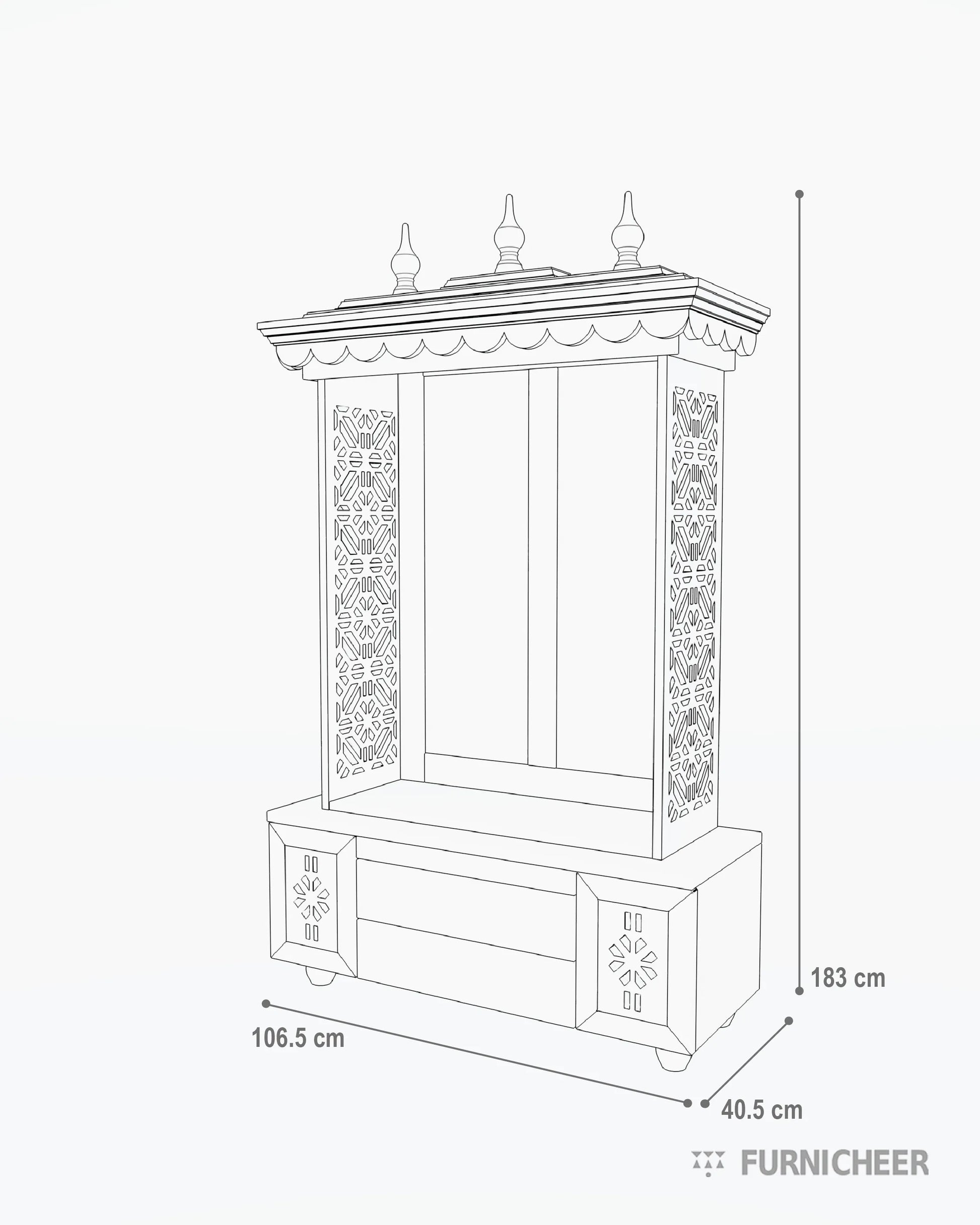 White PU Finish Solid Wood Temple with Drawer size diagram