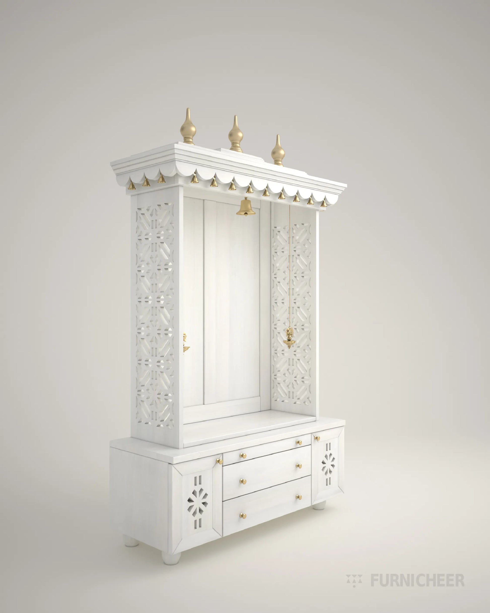 White PU Finish Wooden Mandir with Drawer for Puja