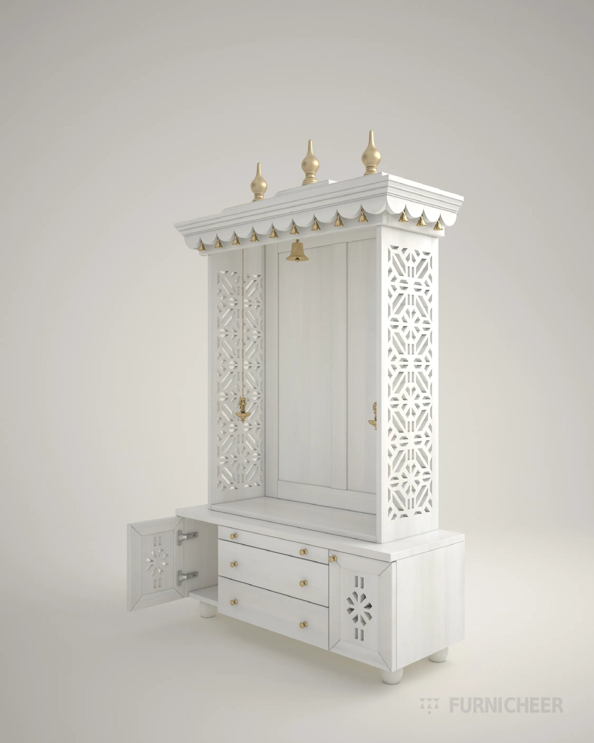 White PU Finish Wooden Mandira with Drawer for Puja