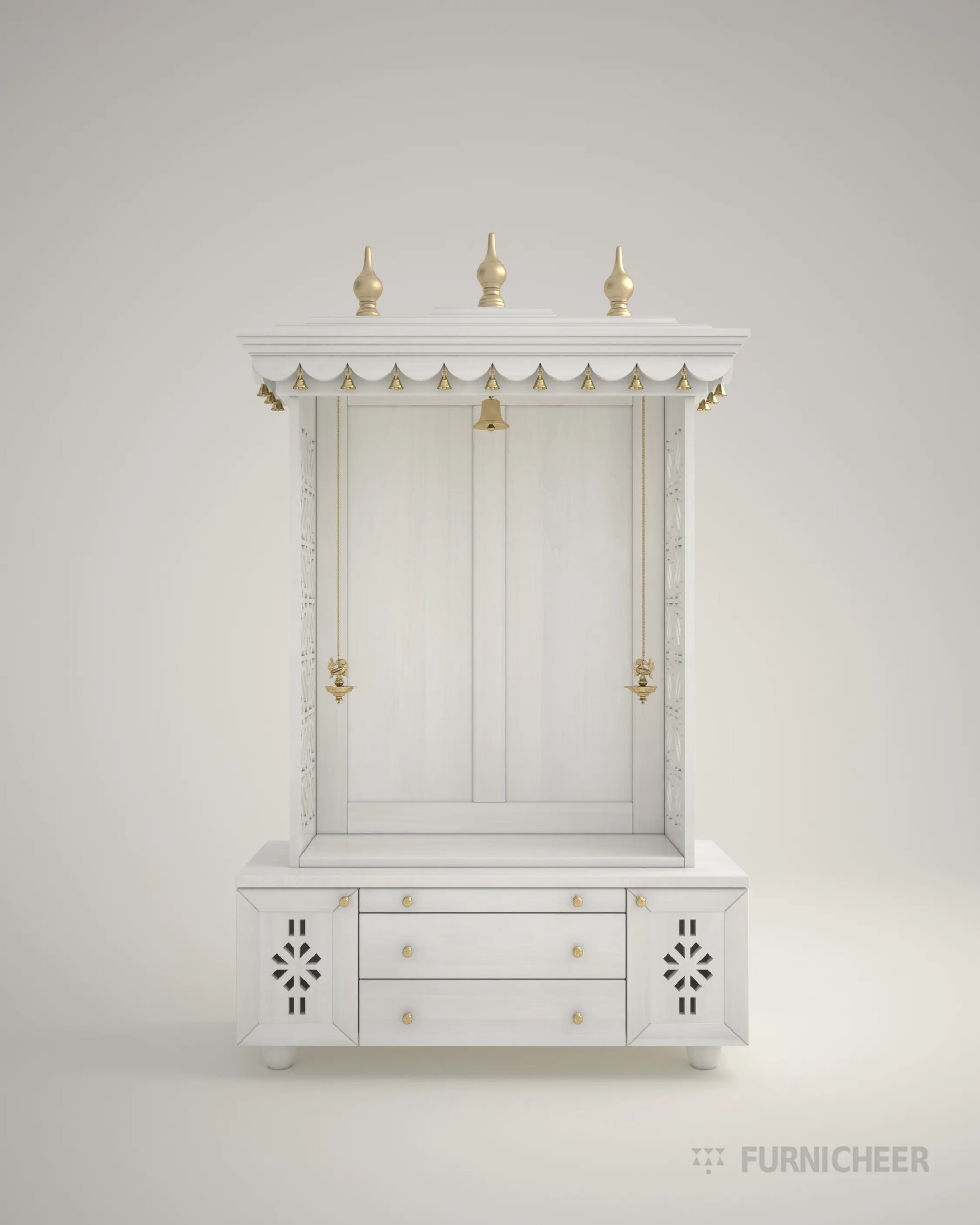 White PU Finish Wooden Temple with Drawer for Puja