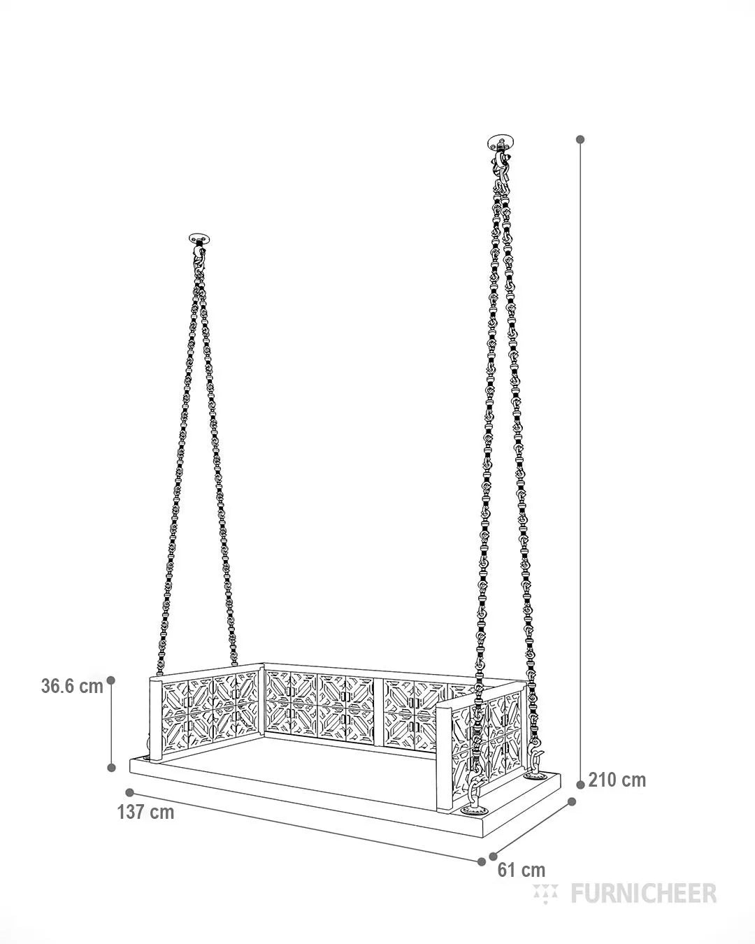 Wooden Indian Jhula Swing with Chain Size Diagram