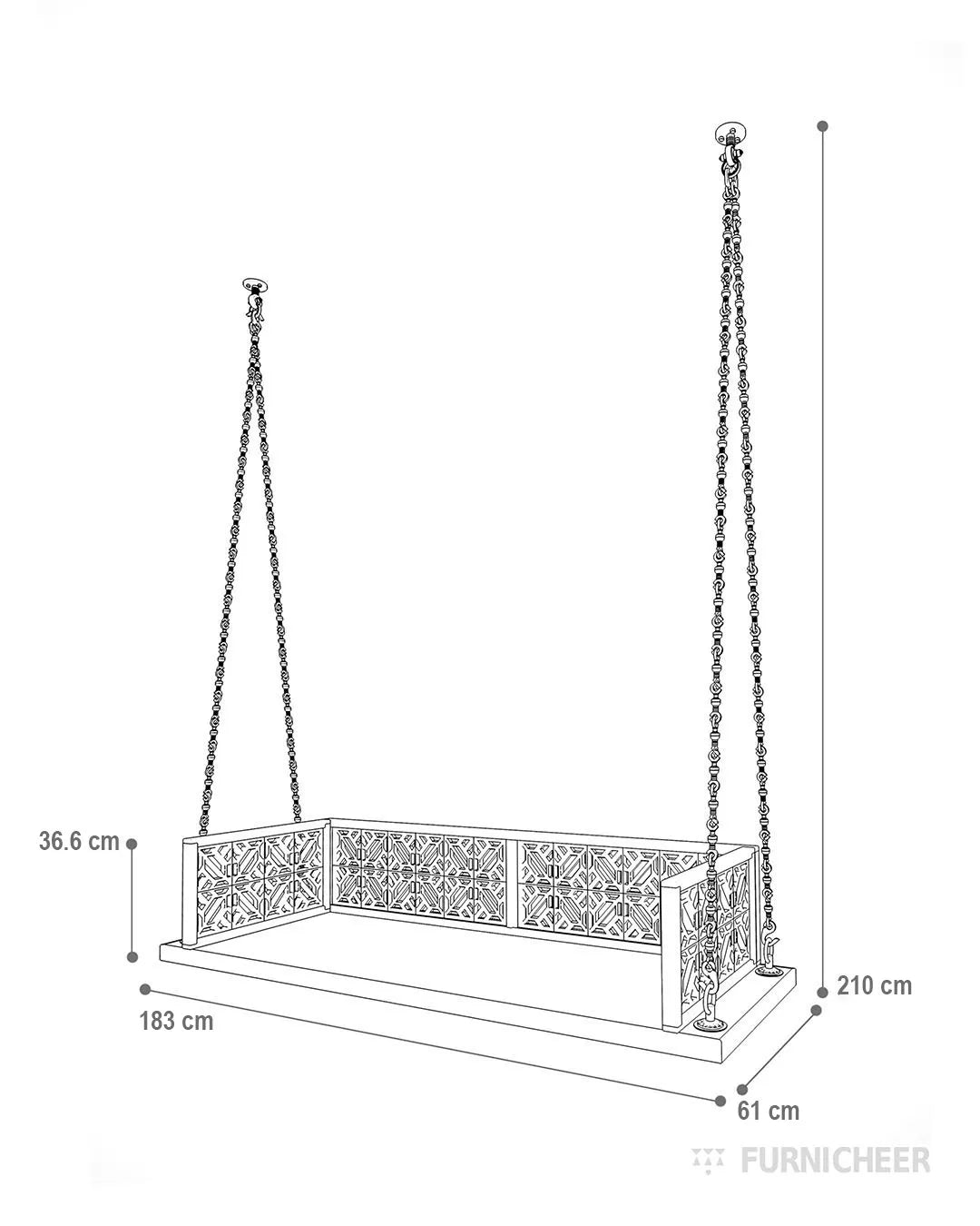 Solid Wood Swing with Brass Chain Size Diagram