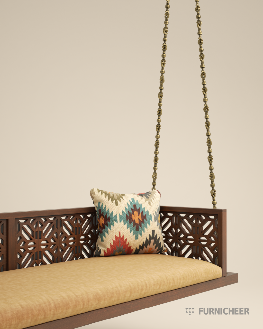 Sturdy timber swing jhula with brass chain 